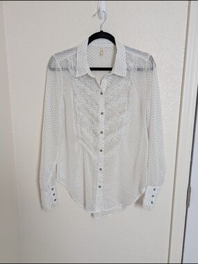 Free People Polka Dot Tux Chiffon Sheer Button Up Blouse Sz S Victorian Romantic